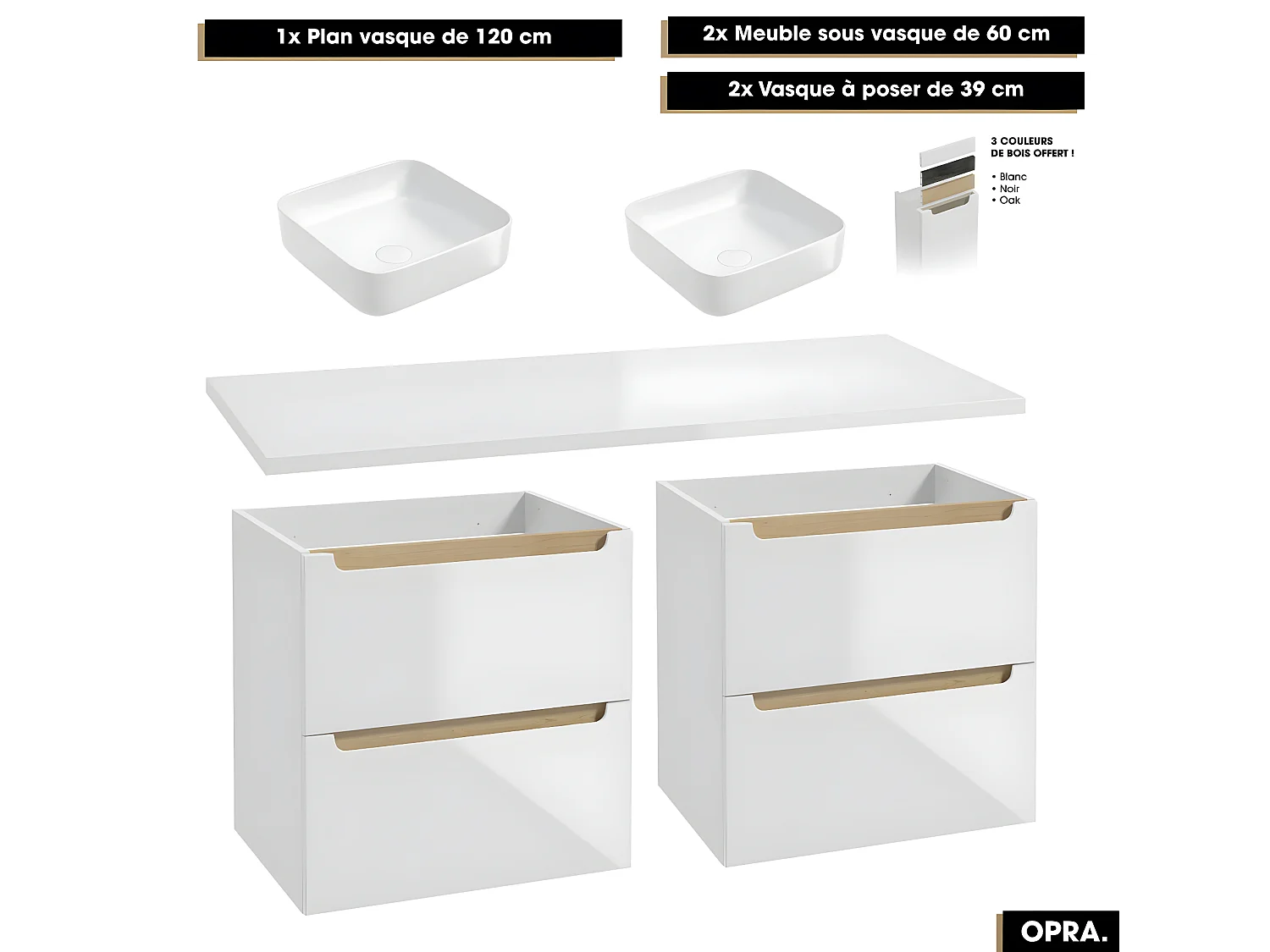 Ensemble complet de salle de bain - Meubles - Armoires - Cube - Vasque à poser avec Siphons OFFERT | OPRA | 120 x 60 x 45 cm