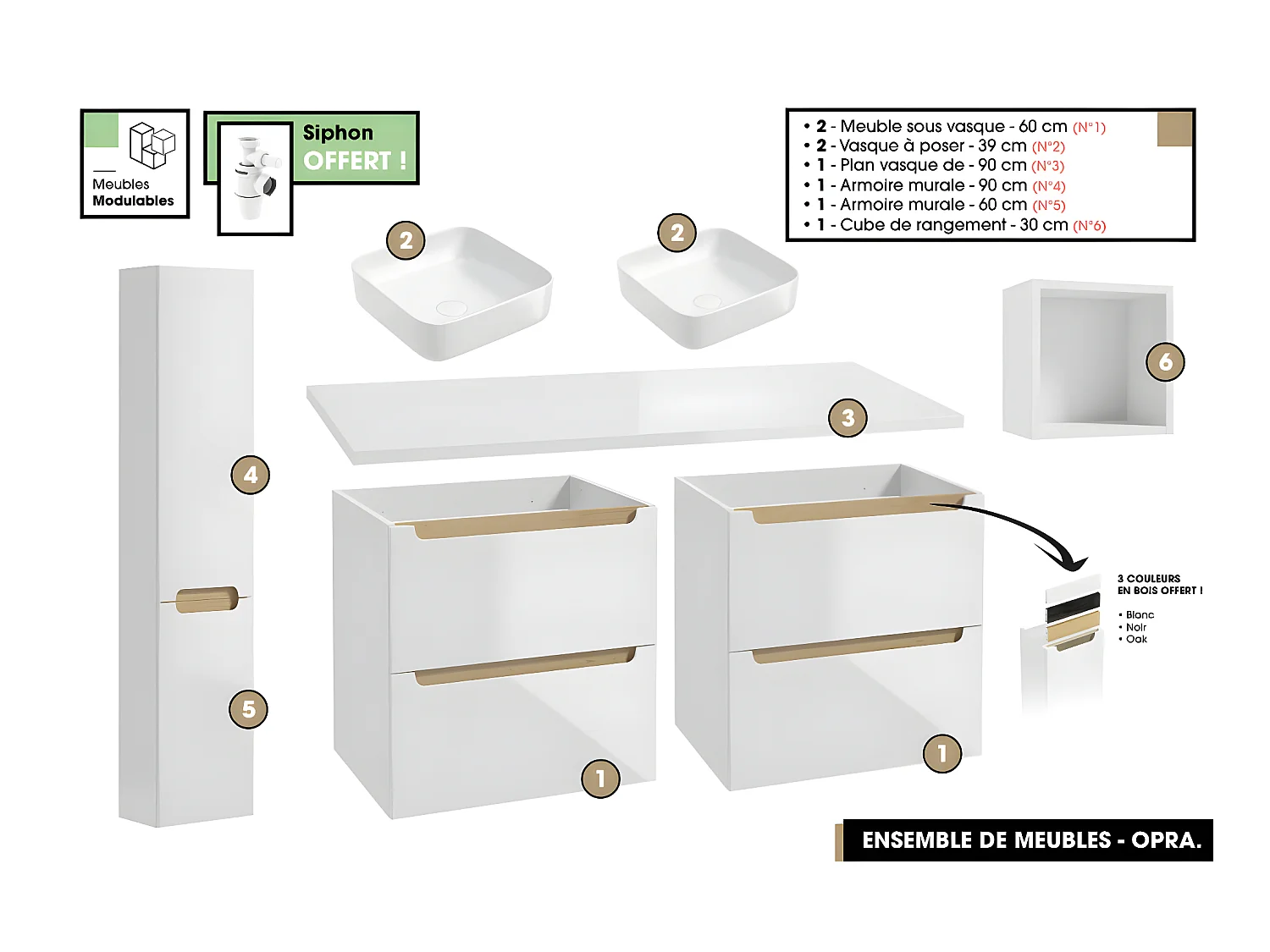 Ensemble complet de salle de bain - Meubles - Armoires - Cube - Vasque à poser avec Siphons OFFERT | OPRA | 120 x 60 x 45 cm