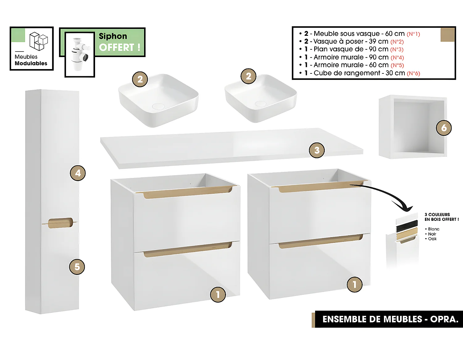 Ensemble complet de salle de bain - Meubles - Armoires - Cube - Vasque à poser avec Siphons OFFERT | OPRA | 120 x 60 x 45 cm