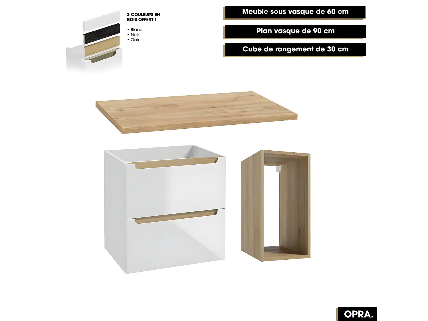Ensemble complet de salle de bain - Meuble - Plan - Armoires - Cube - Vasque à poser avec Siphons OFFERT | OPRA | 90 x 60 x 45 cm