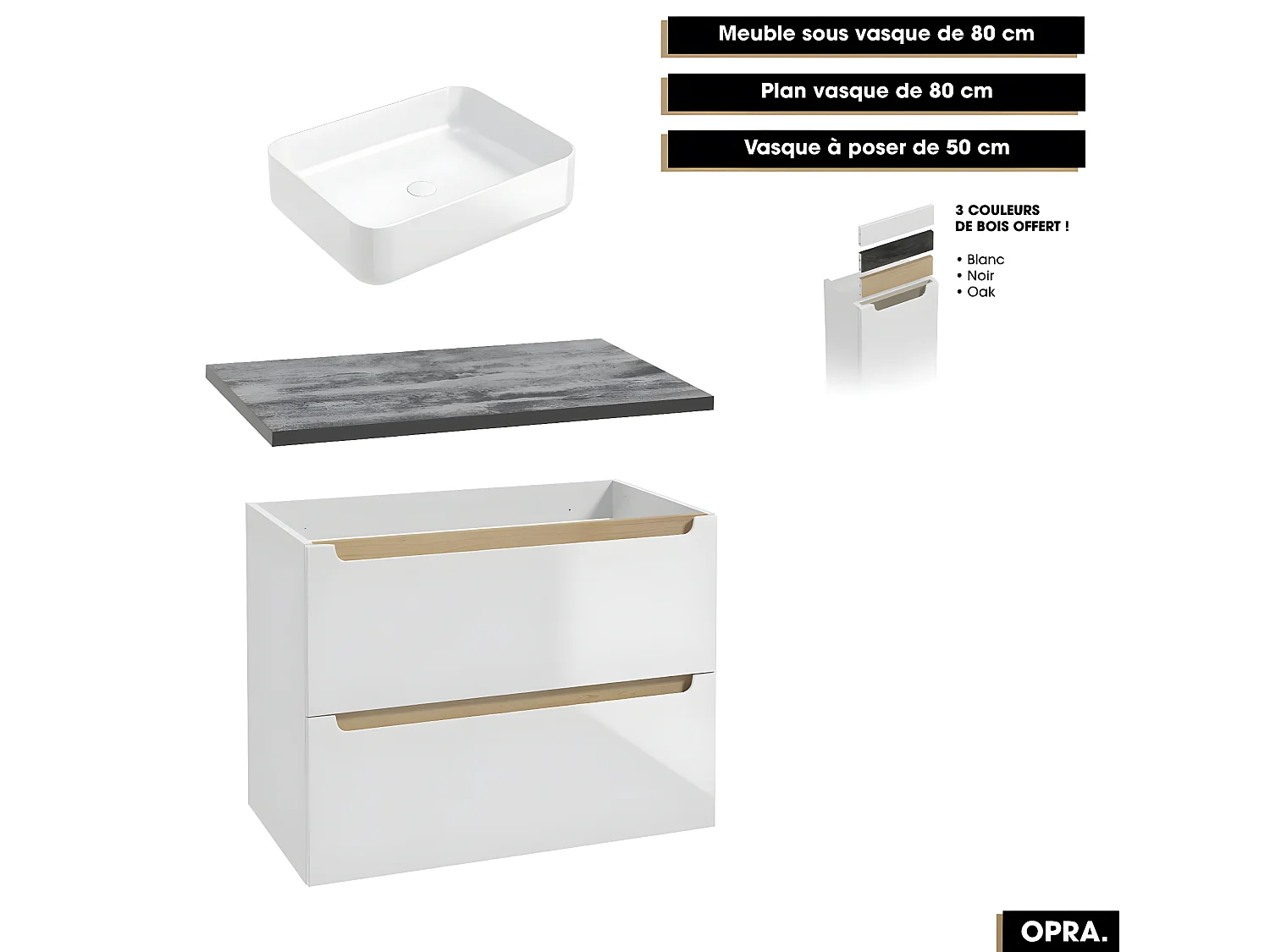 Ensemble complet de salle de bain - Meuble - Plan - Armoires - Miroir - Vasque à poser avec Siphon OFFERT | OPRA | 80 x 60 x 45 cm