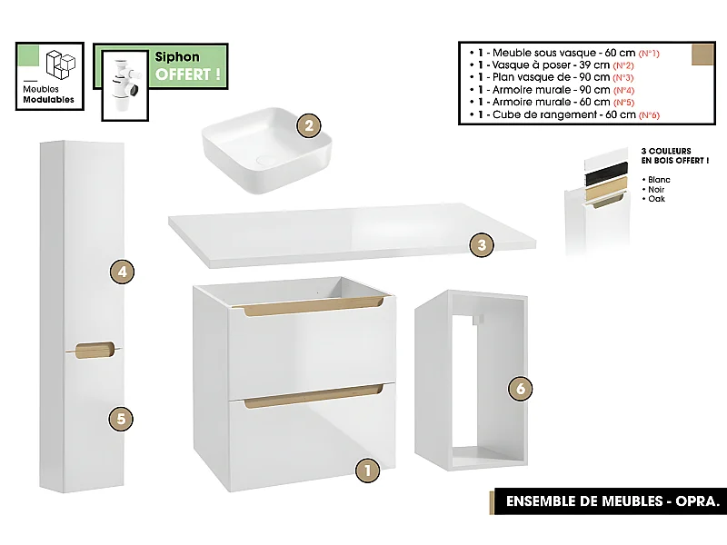 Ensemble complet de salle de bain - Meuble - Plan - Armoires - Cube - Vasque à poser avec Siphons OFFERT | OPRA | 90 x 60 x 45 cm