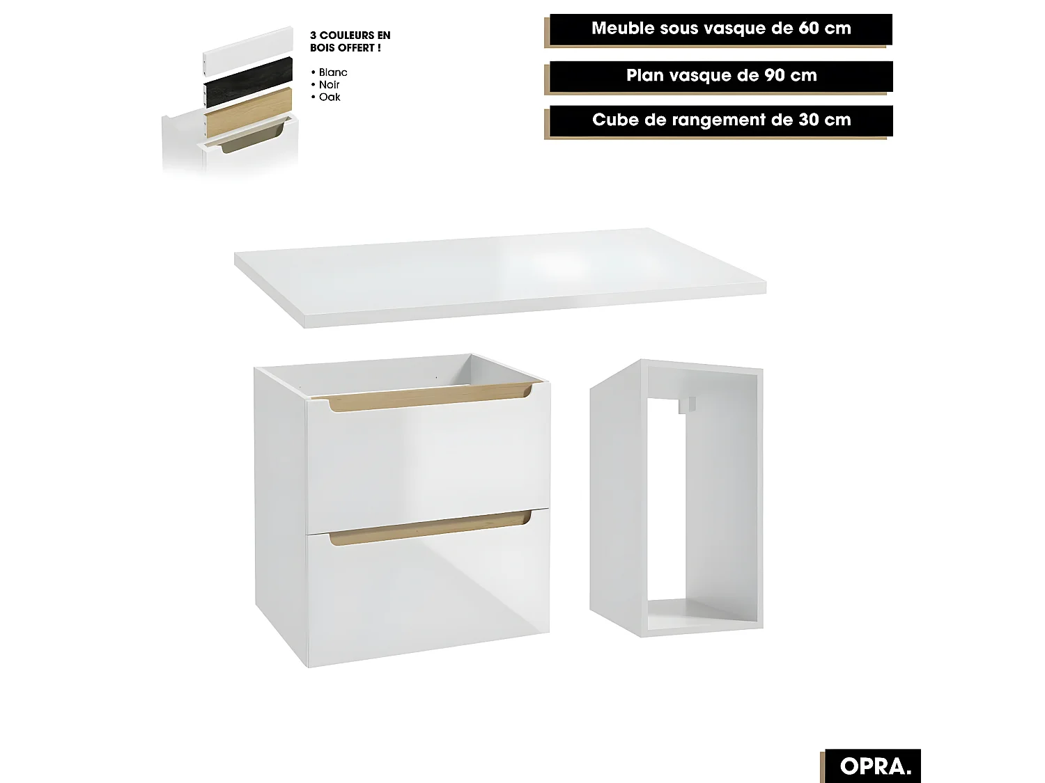 Ensemble complet de salle de bain - Meuble - Plan - Armoires - Cube - Vasque à poser avec Siphons OFFERT | OPRA | 90 x 60 x 45 cm
