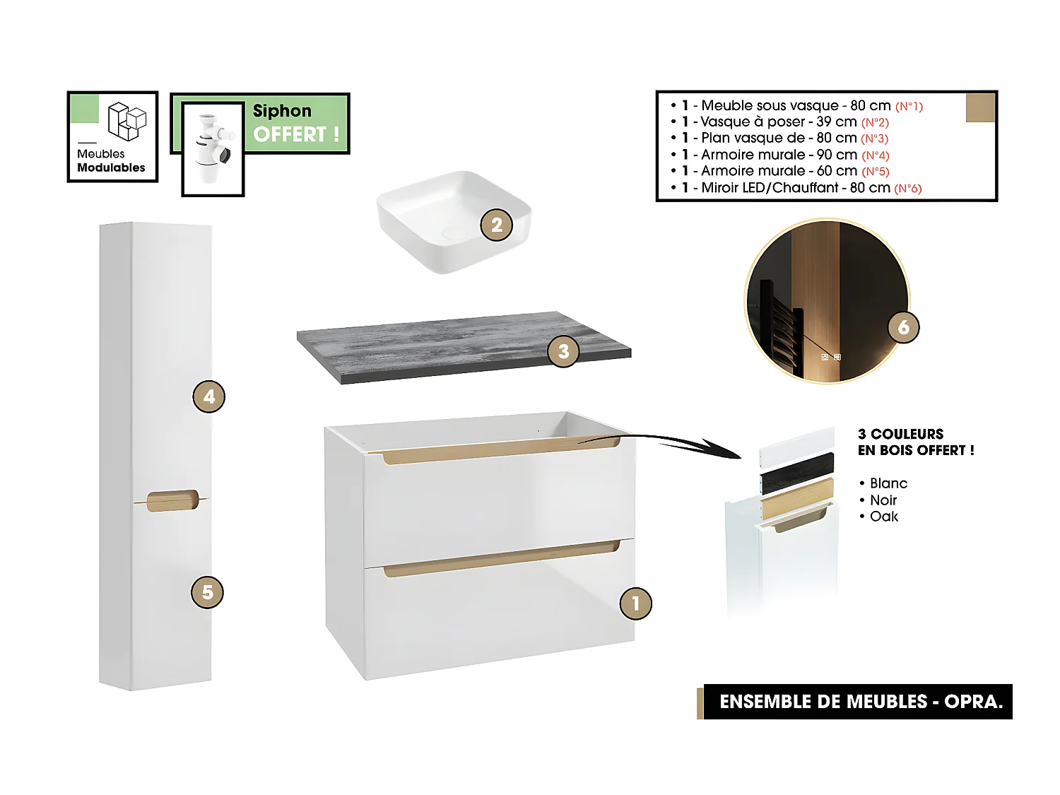 Ensemble complet de salle de bain - Meuble - Plan - Armoires - Miroir - Vasque à poser avec Siphon OFFERT | OPRA | 80 x 60 x 45 cm