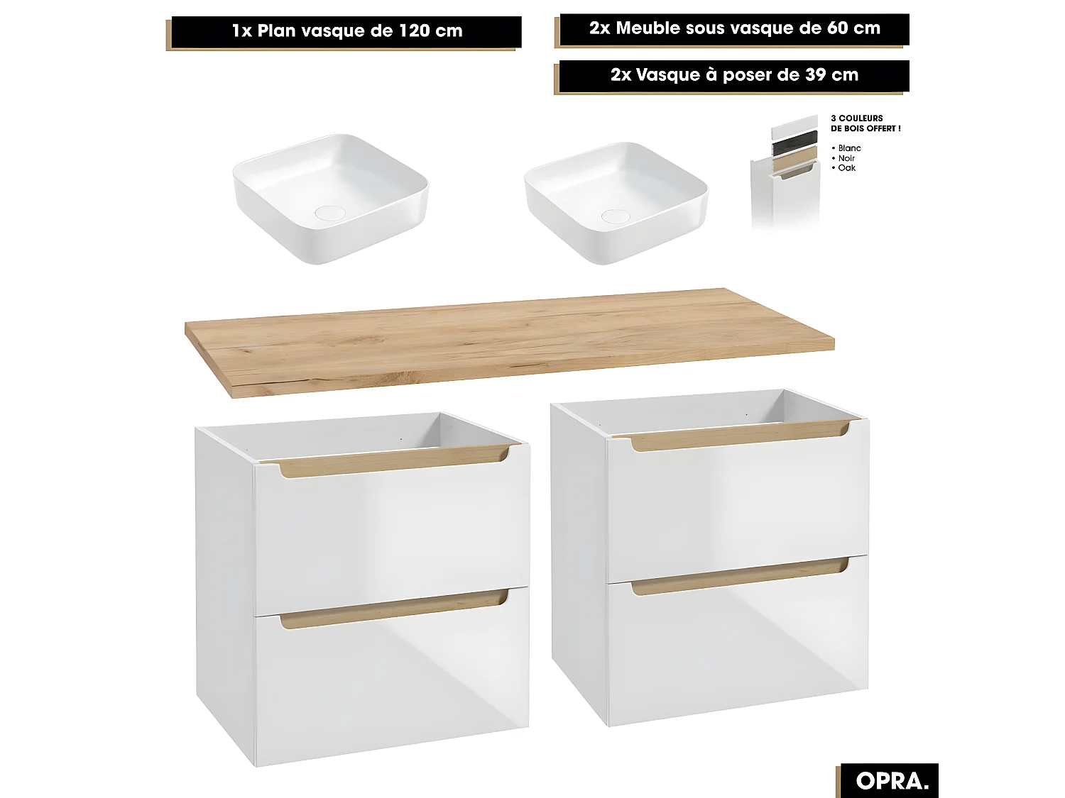 Ensemble complet de salle de bain - Meubles - Armoires - Cube - Vasque à poser avec Siphons OFFERT | OPRA | 120 x 60 x 45 cm