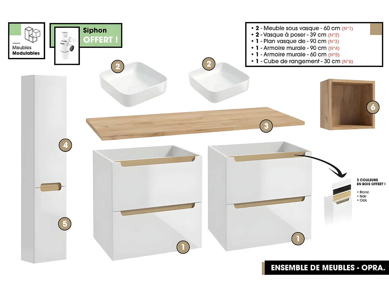Ensemble complet de salle de bain - Meubles - Armoires - Cube - Vasque à poser avec Siphons OFFERT | OPRA | 120 x 60 x 45 cm