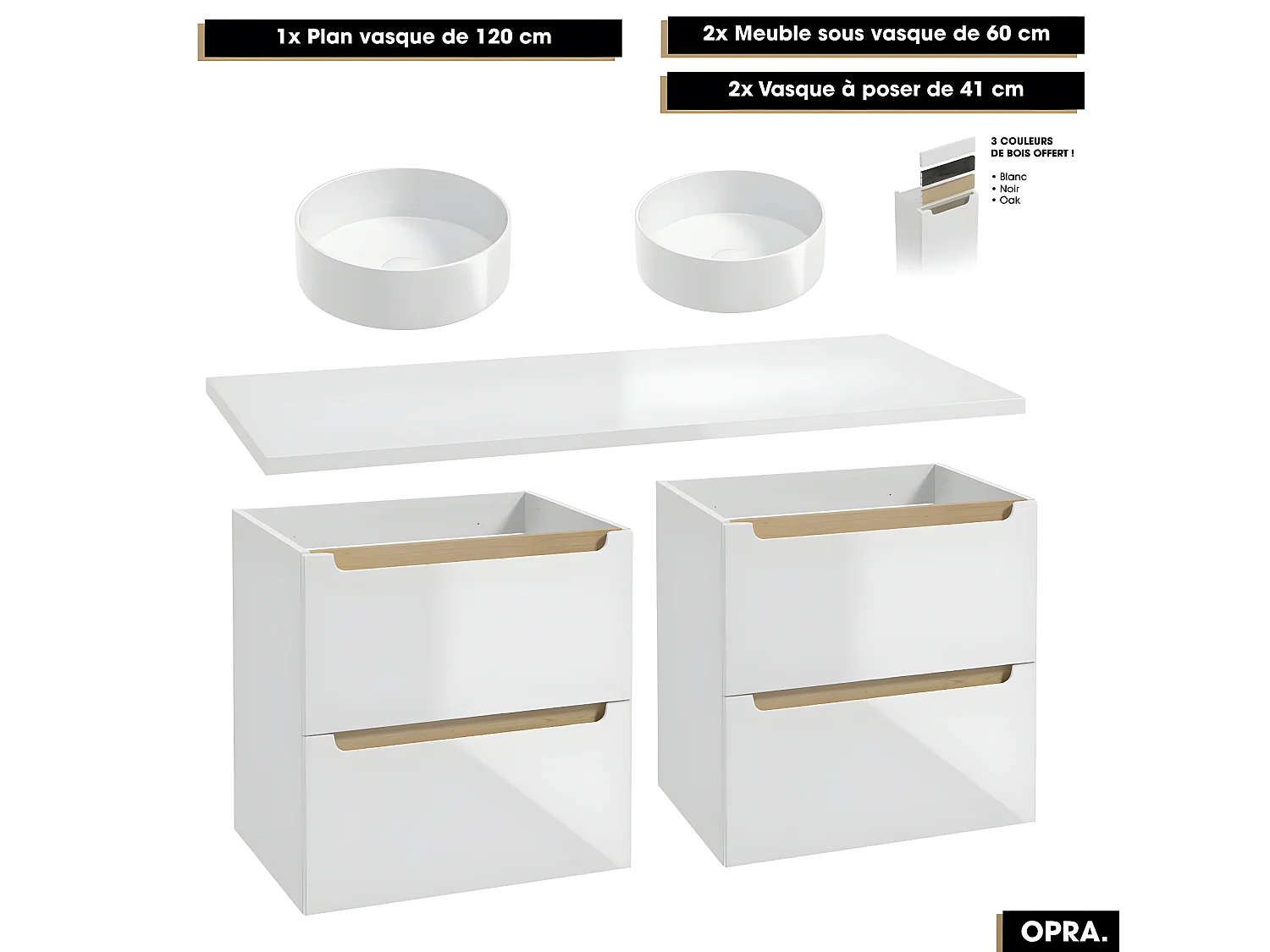 Ensemble complet de salle de bain - Meubles - Armoires - Cube - Vasque à poser avec Siphons OFFERT | OPRA | 120 x 60 x 45 cm