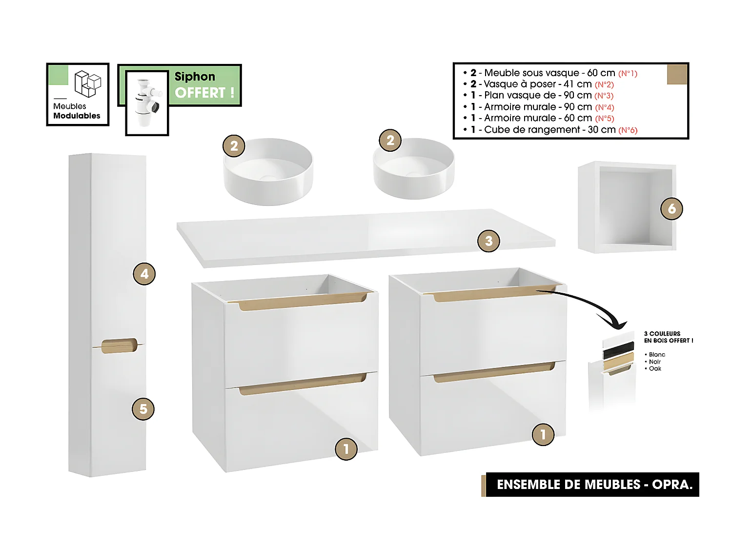 Ensemble complet de salle de bain - Meubles - Armoires - Cube - Vasque à poser avec Siphons OFFERT | OPRA | 120 x 60 x 45 cm