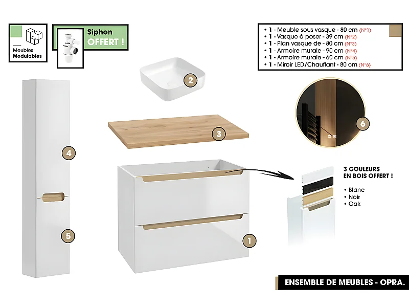 Ensemble complet de salle de bain - Meuble - Plan - Armoires - Miroir - Vasque à poser avec Siphon OFFERT | OPRA | 80 x 60 x 45 cm