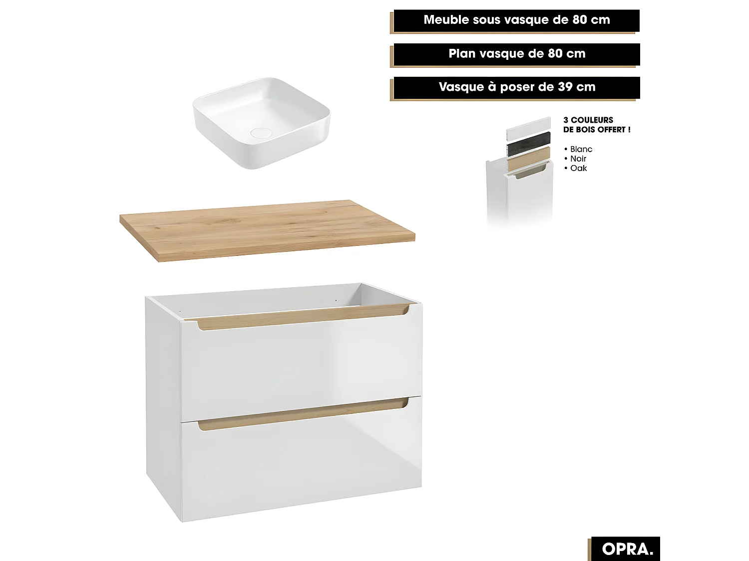 Ensemble complet de salle de bain - Meuble - Plan - Armoires - Miroir - Vasque à poser avec Siphon OFFERT | OPRA | 80 x 60 x 45 cm