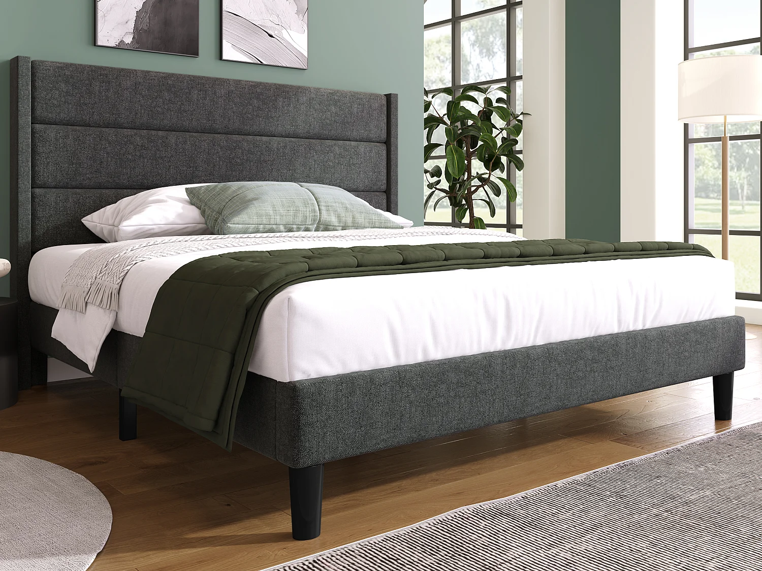 Letto con testiera 140 x 200 cm - imbottito in lino - rete a doghe - grigio