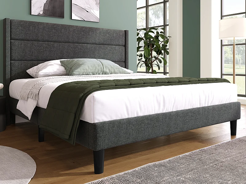 Bett mit Kopfteil 140 x 200 cm – mit Leinen gepolstert – Lattenrost – Grau