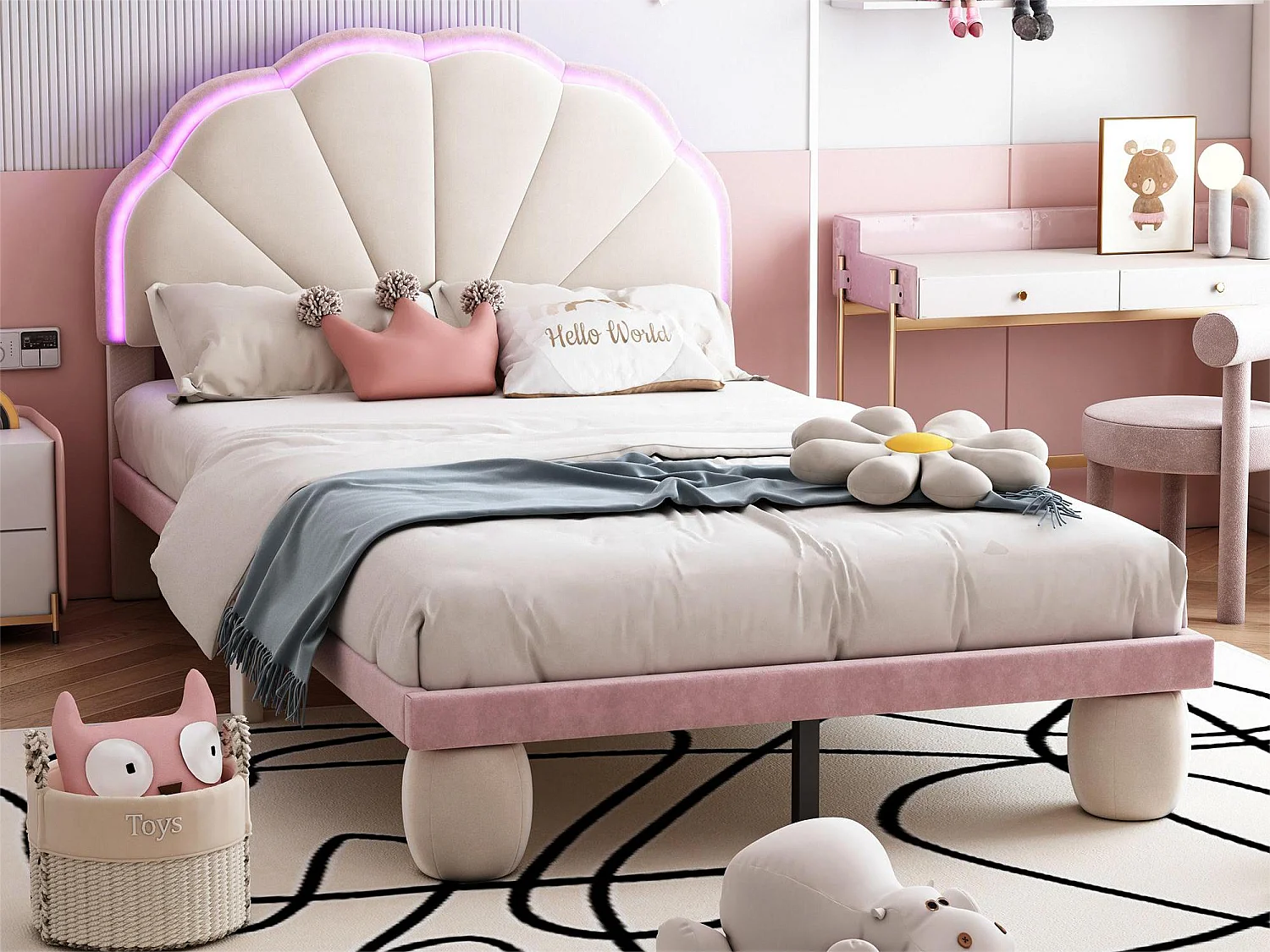 Lit coquillage lit enfant 90x200 cm avec LEDs, velours, sommier inclus, coloris beige et rose