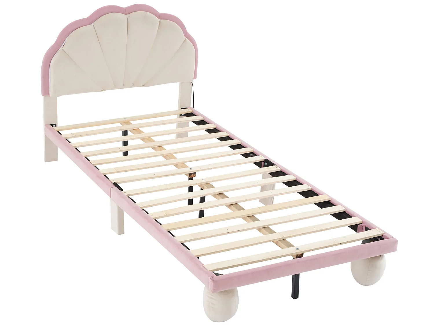 Lit coquillage lit enfant 90x200 cm avec LEDs, velours, sommier inclus, coloris beige et rose