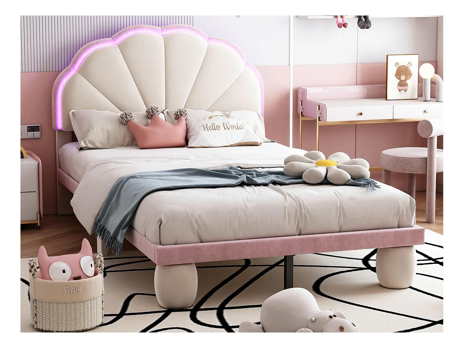 Lit coquillage lit enfant 90x200 cm avec LEDs, velours, sommier inclus, coloris beige et rose