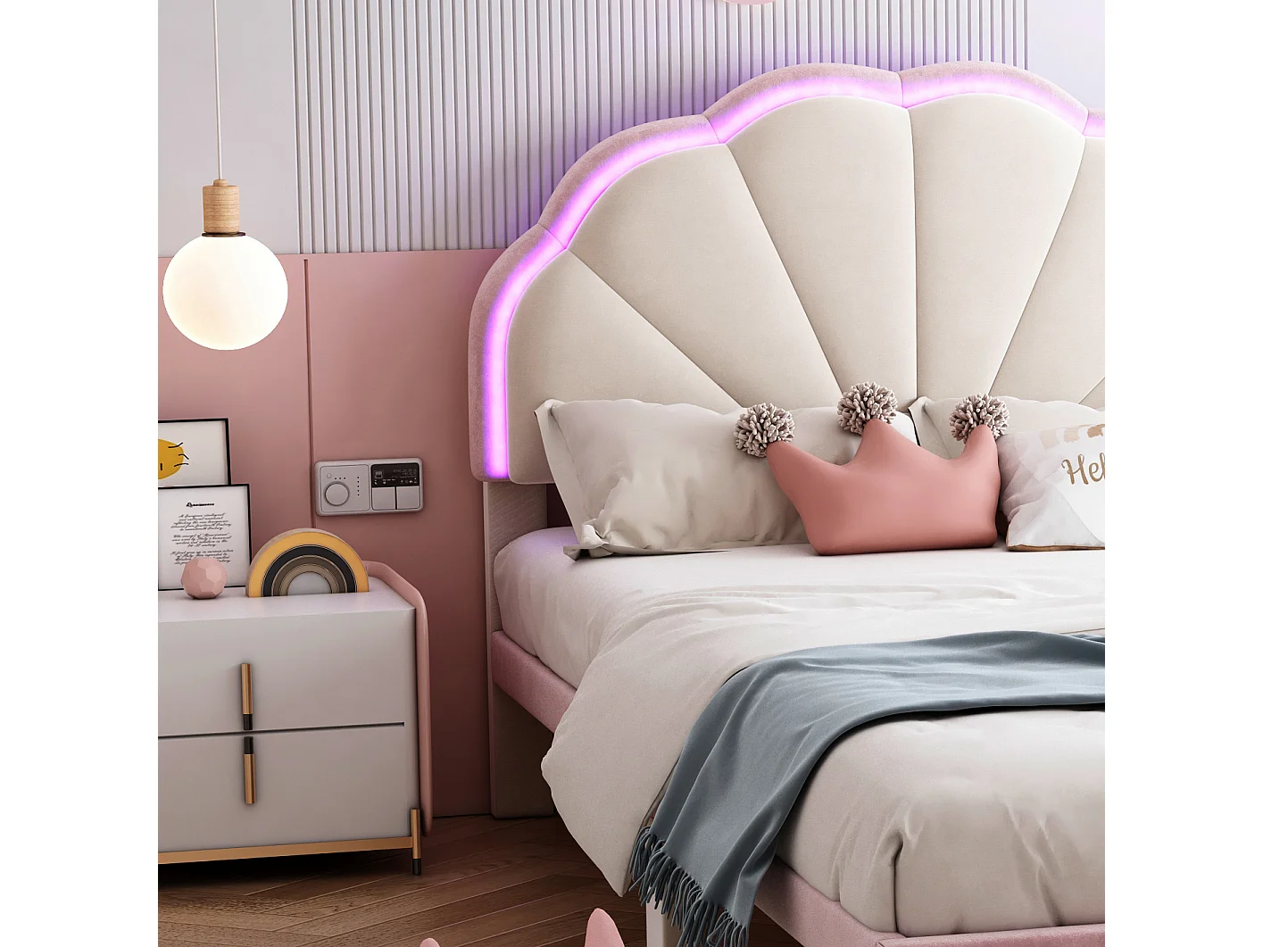 Lit coquillage lit enfant 90x200 cm avec LEDs, velours, sommier inclus, coloris beige et rose
