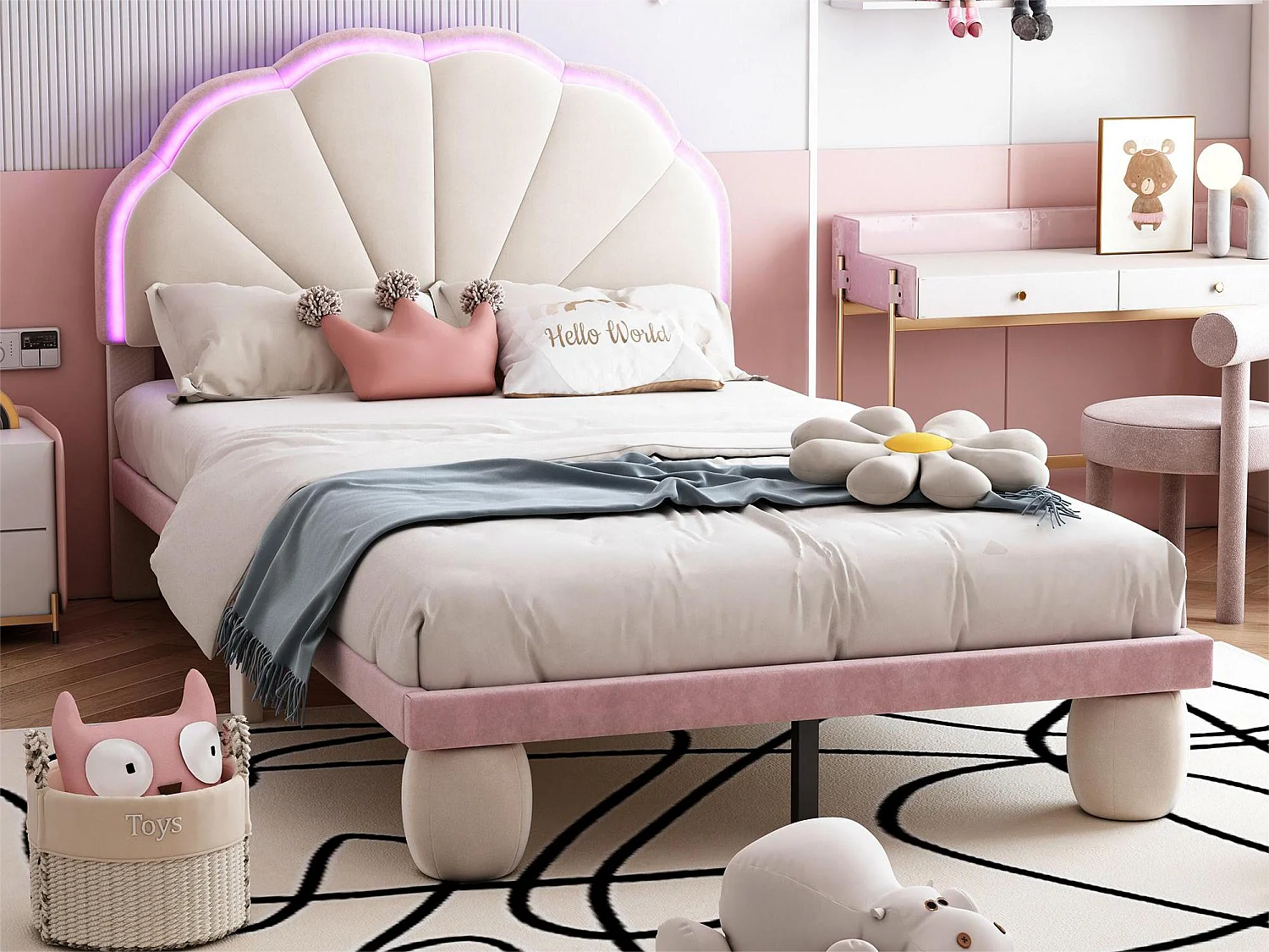 Lit coquillage lit enfant 90x200 cm avec LEDs, velours, sommier inclus, coloris beige et rose