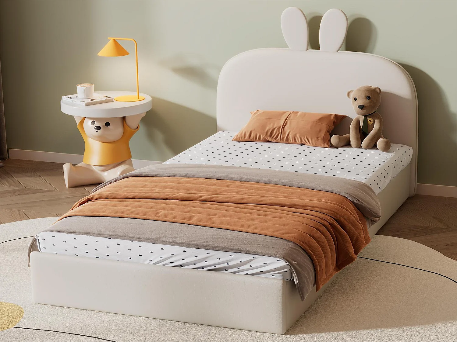 Cama con cabecero de conejo - 90 x 200 cm - terciopelo - color: beige