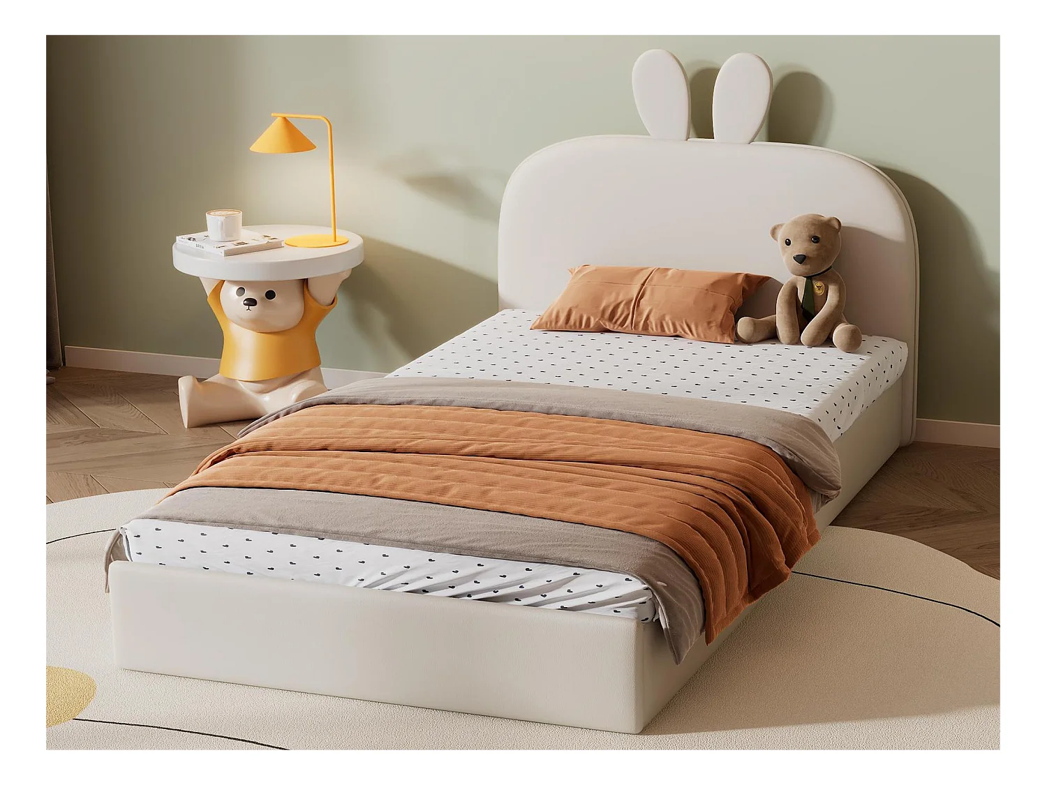 Lit avec tête de lit lapin - 90 x 200 cm - velours - coloris: beige