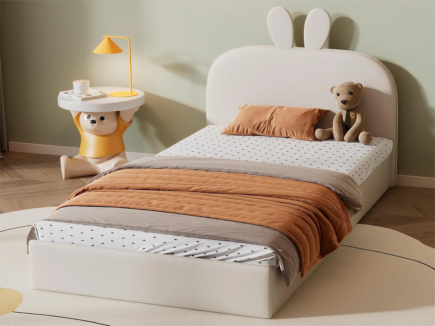 Cama con cabecero de conejo - 90 x 200 cm - terciopelo - color: beige