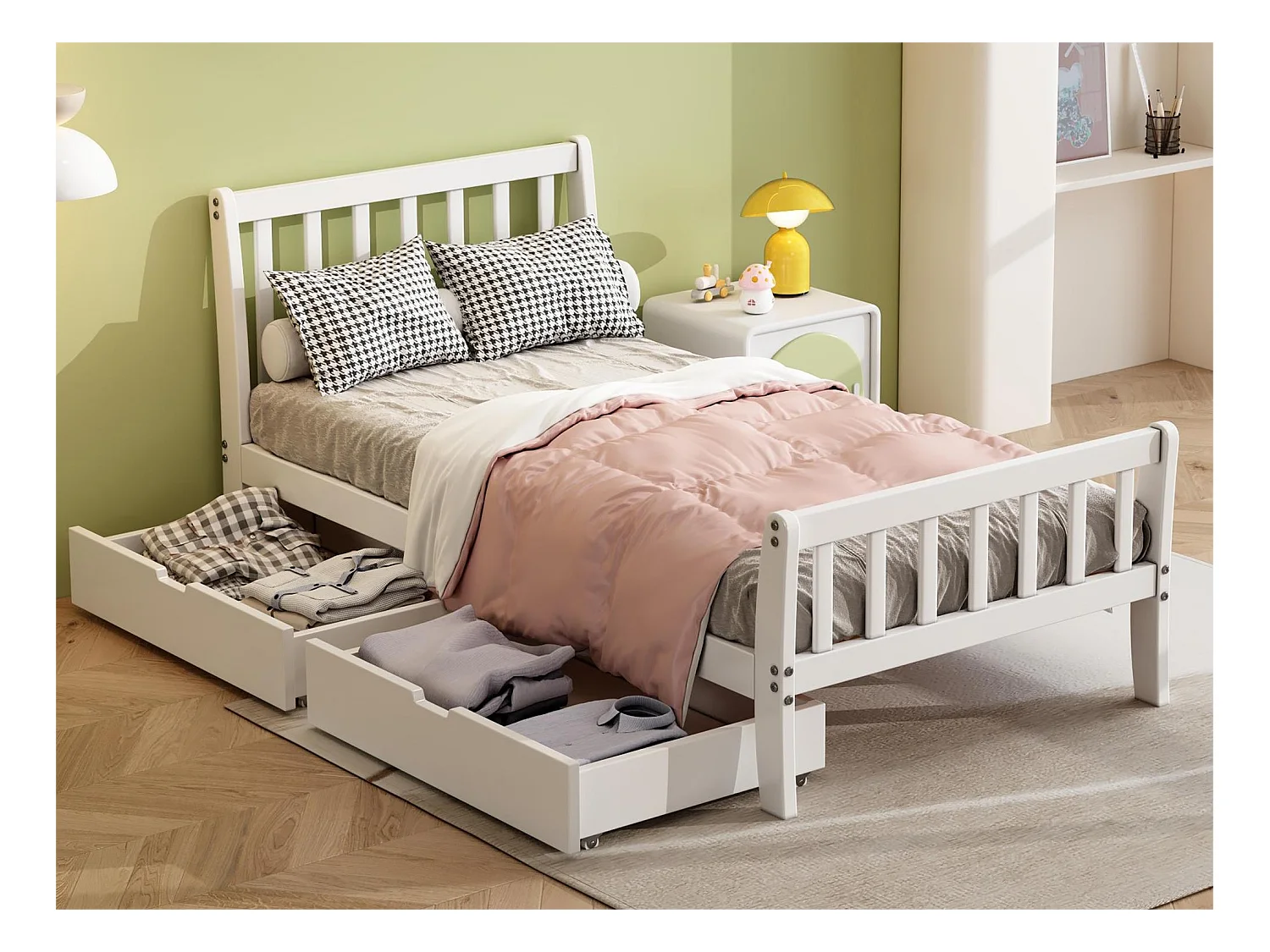 Lit avec tête de lit pour enfant - 90 x 200 cm - 2 tiroirs - pin + MDF - blanc