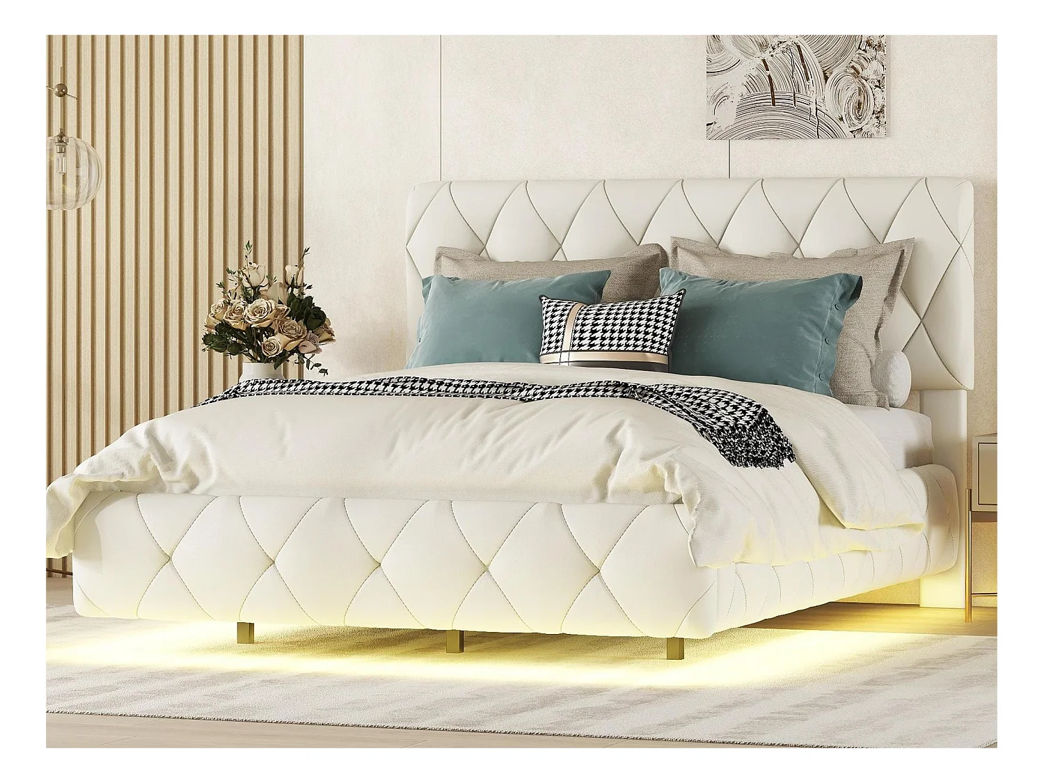 Lit double 140 x 200 cm, lit capitonné, lit flottant - cuir pu + MDF - LEDs - beige