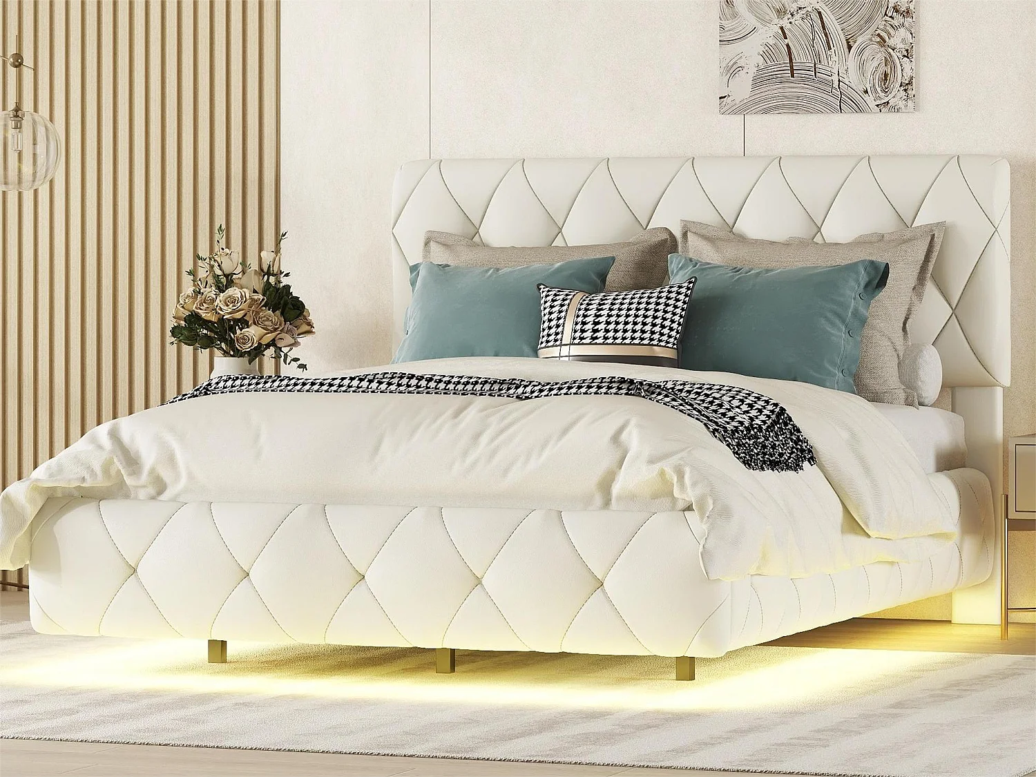 Lit double 140 x 200 cm, lit capitonné, lit flottant - cuir pu + MDF - LEDs - beige