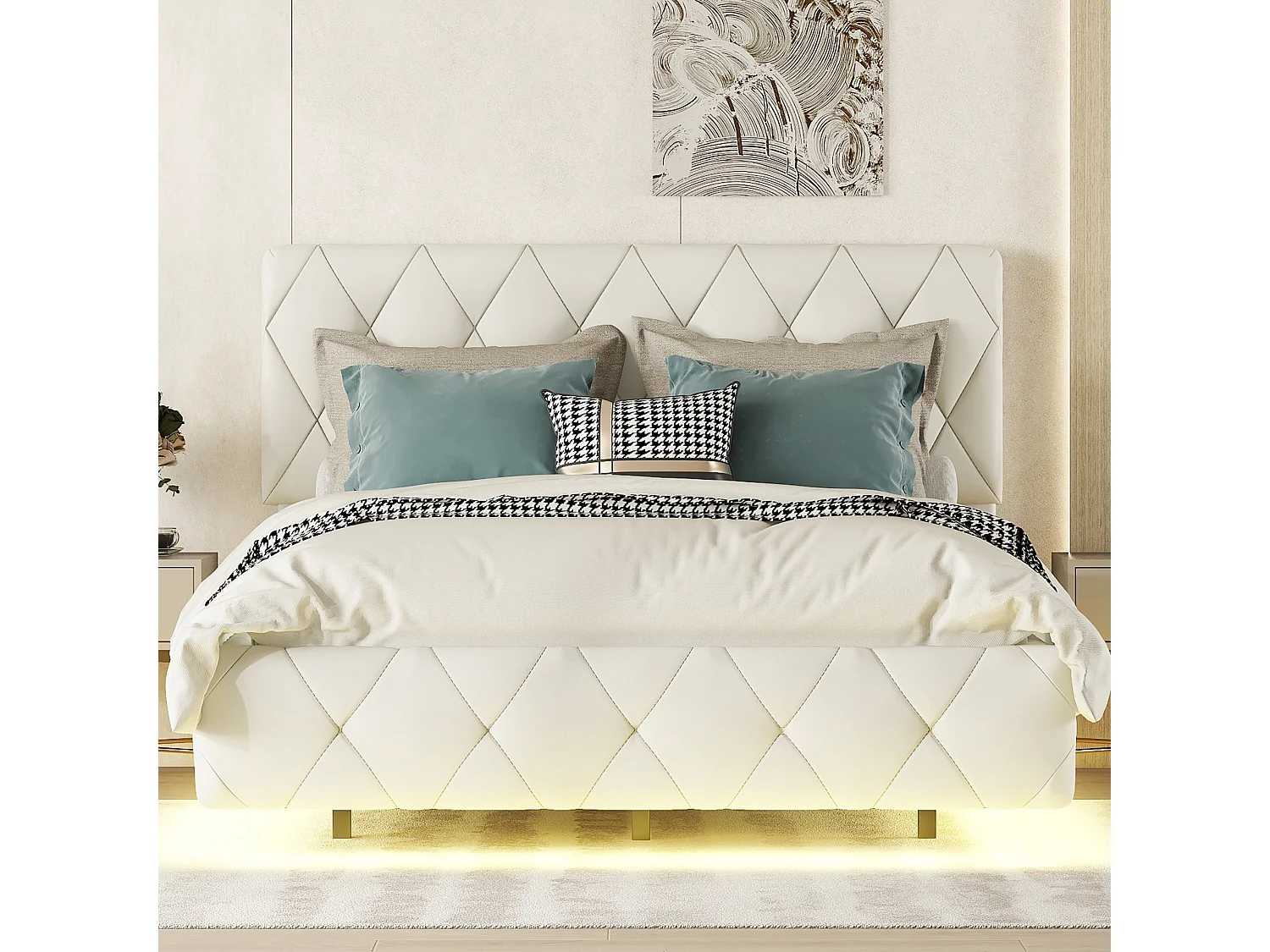 Lit double 140 x 200 cm, lit capitonné, lit flottant - cuir pu + MDF - LEDs - beige