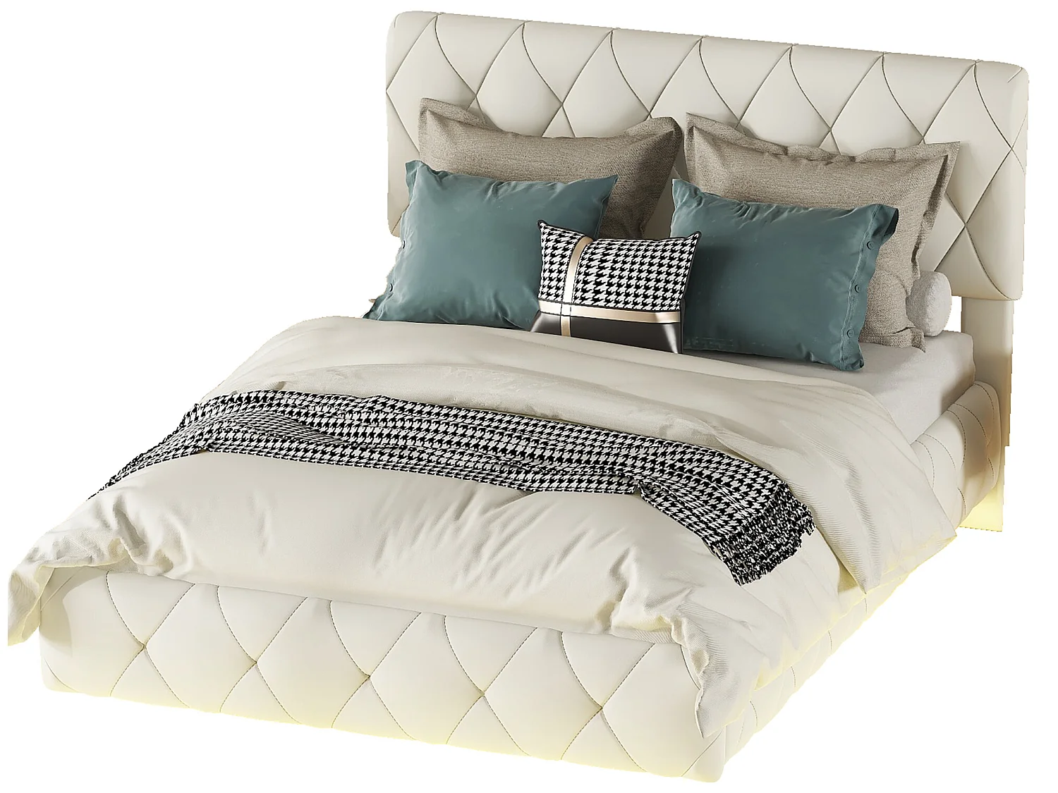 Lit double 140 x 200 cm, lit capitonné, lit flottant - cuir pu + MDF - LEDs - beige