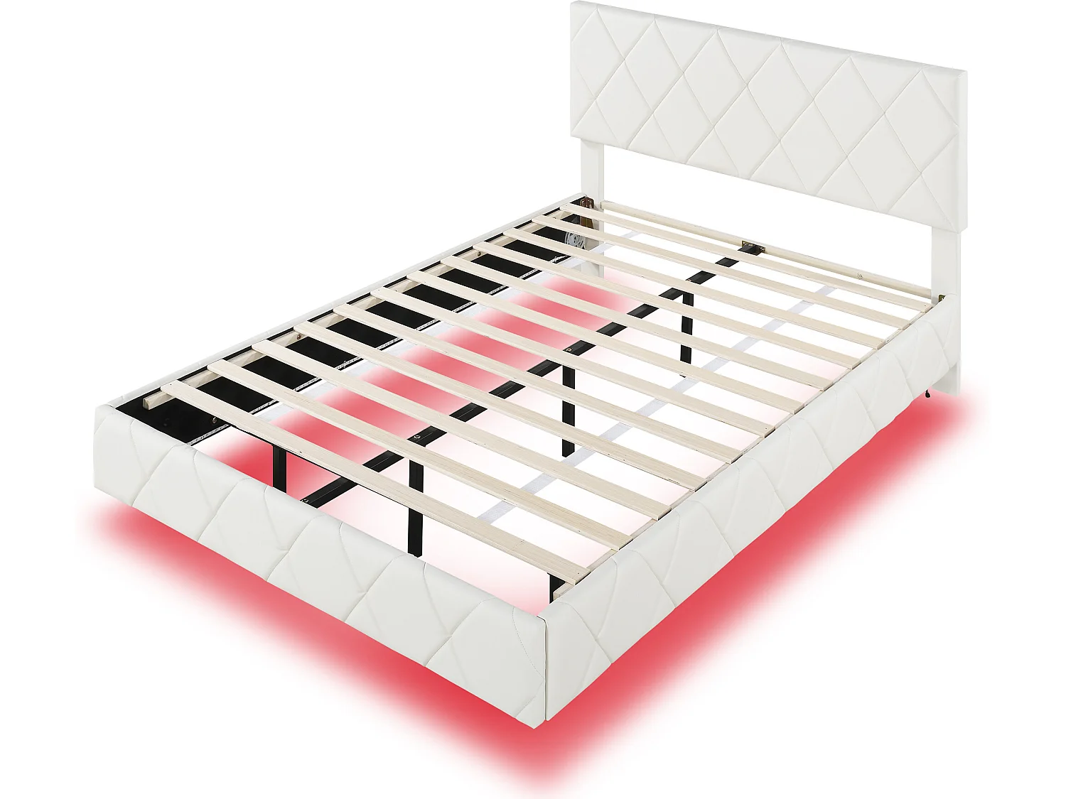 Lit double 140 x 200 cm, lit capitonné, lit flottant - cuir pu + MDF - LEDs - beige