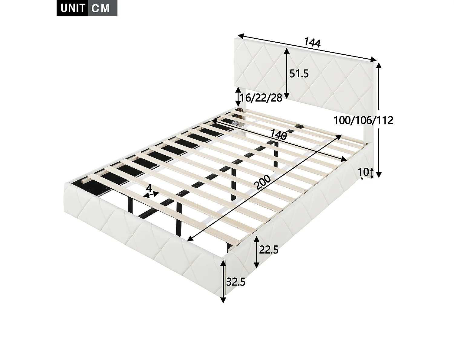 Lit double 140 x 200 cm, lit capitonné, lit flottant - cuir pu + MDF - LEDs - beige