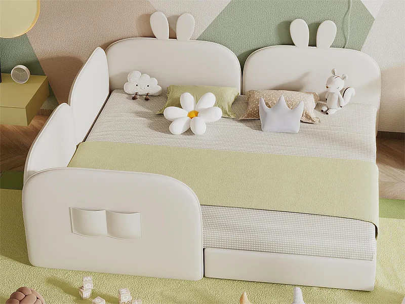 Gestoffeerd bed 2x90x200cm, kinderbed met konijnenhoofdeinde, fluweel, beige