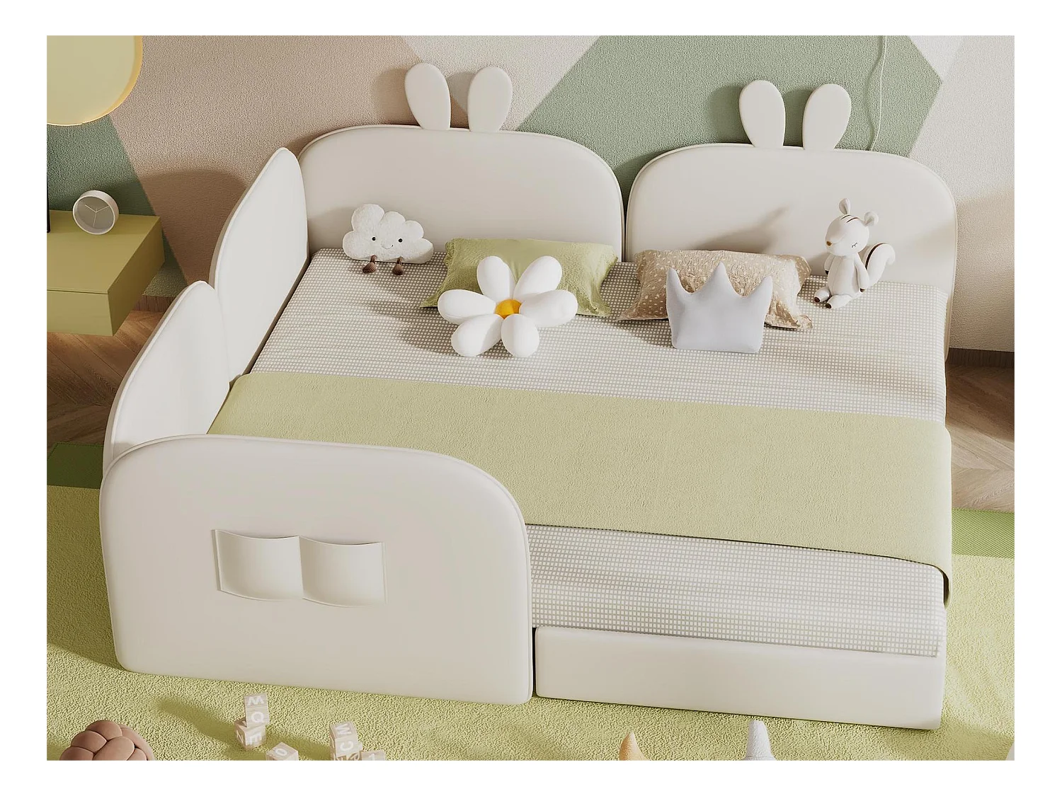 Lit capitonné 2x90x200cm, lit enfant avec tête de lit lapin, velours, beige