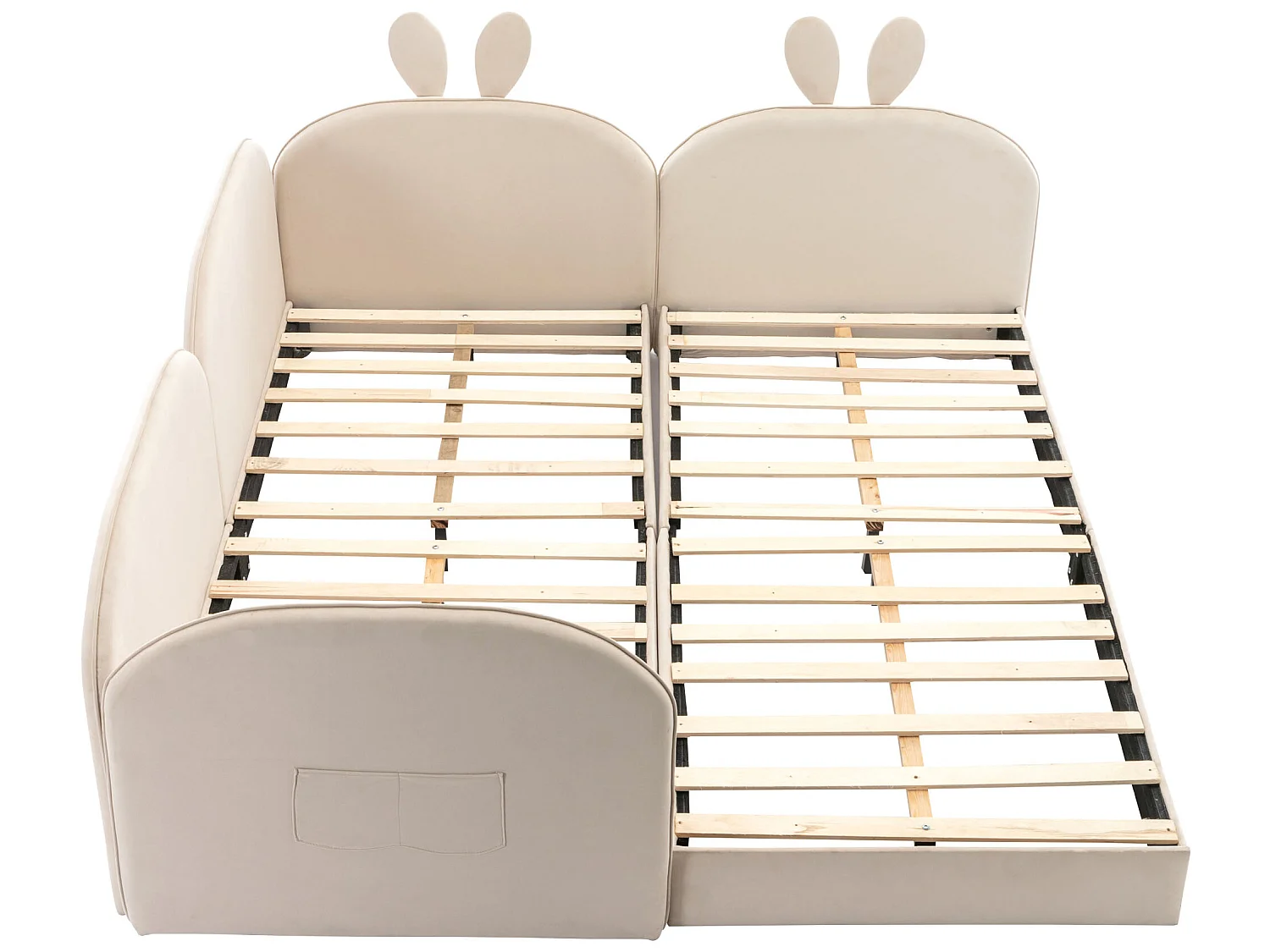 Lit capitonné 2x90x200cm, lit enfant avec tête de lit lapin, velours, beige