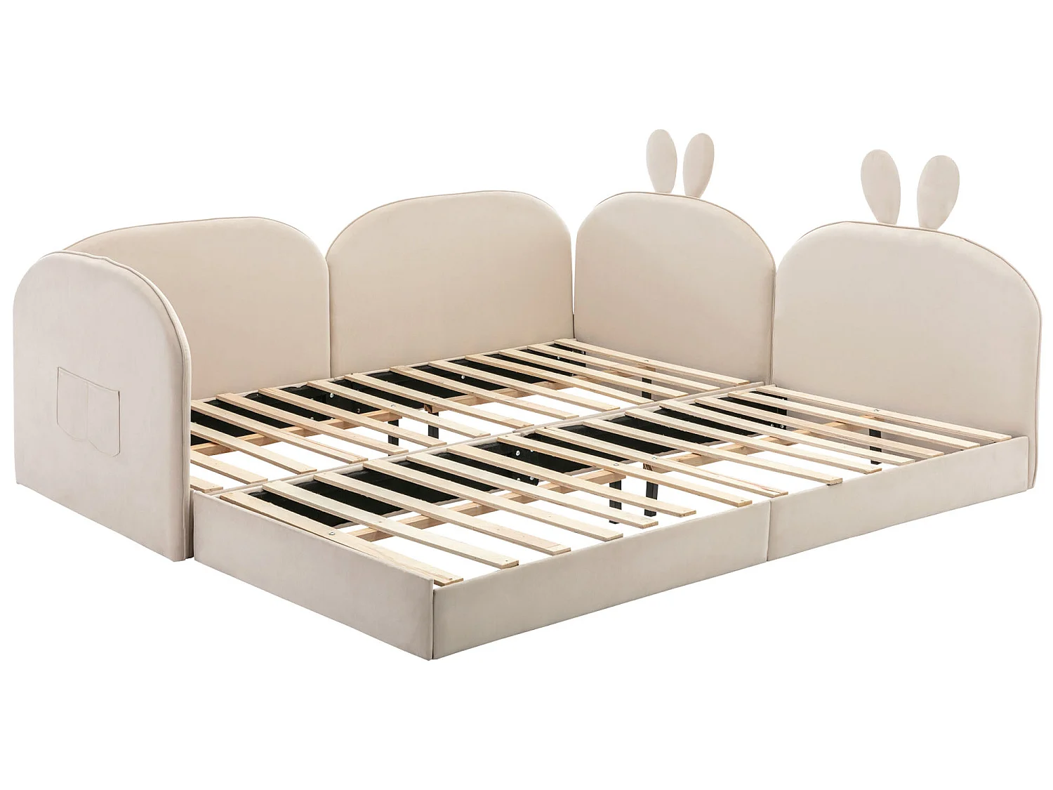 Lit capitonné 2x90x200cm, lit enfant avec tête de lit lapin, velours, beige