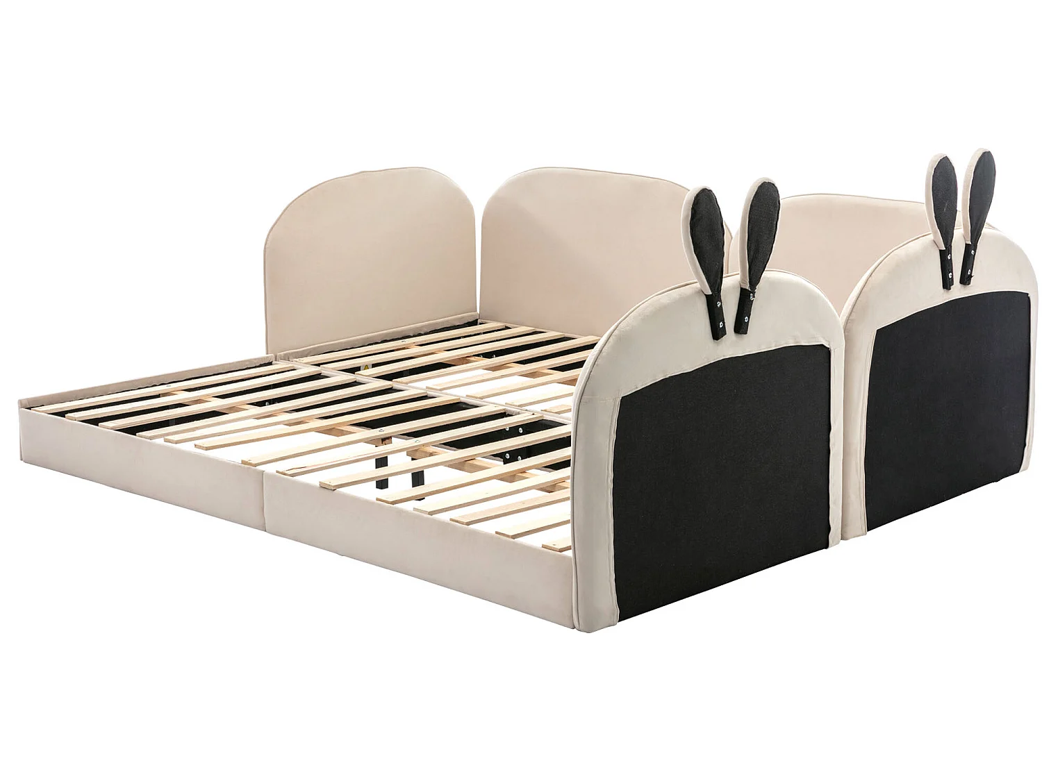 Lit capitonné 2x90x200cm, lit enfant avec tête de lit lapin, velours, beige