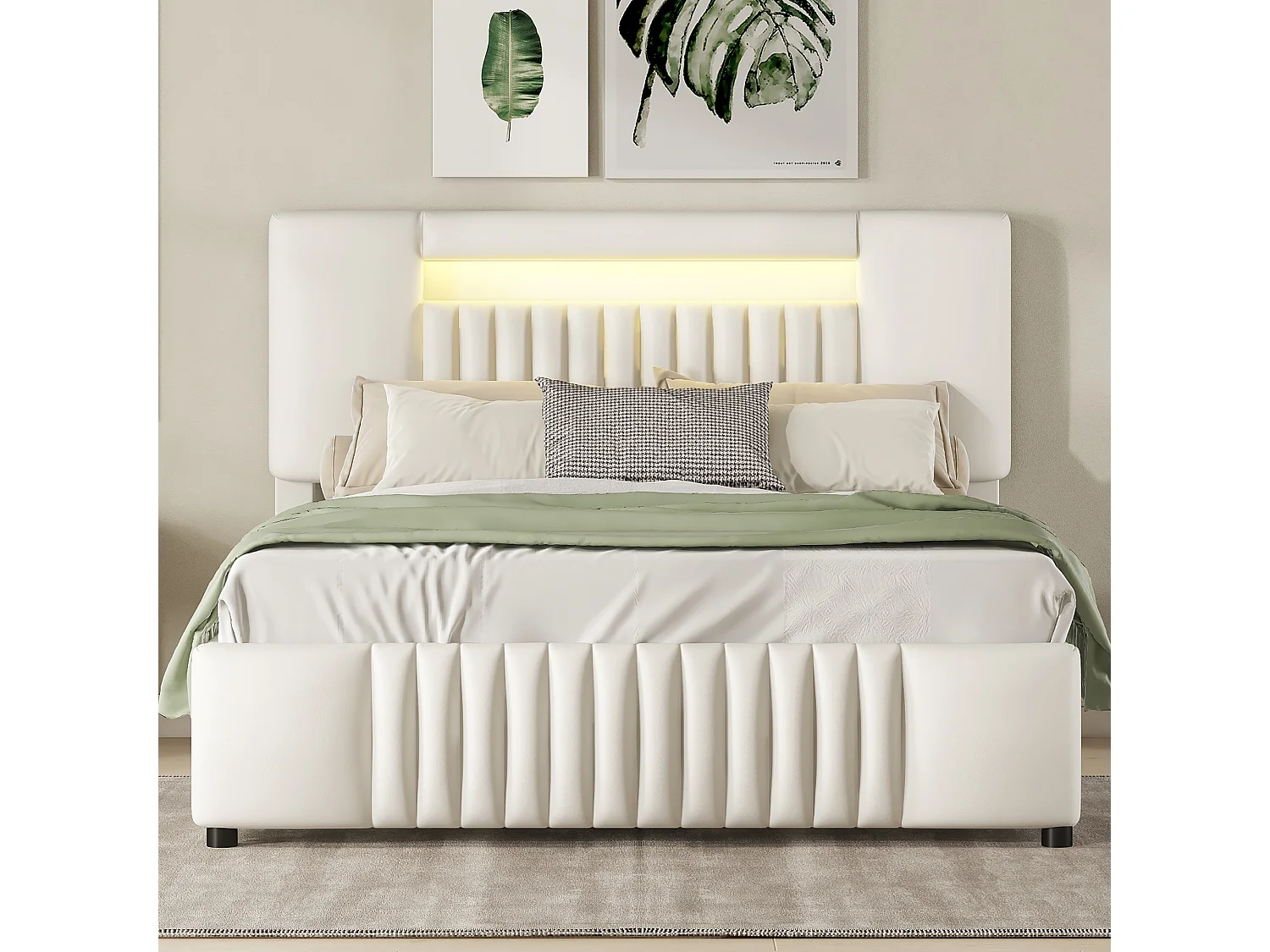 Tweepersoonsbed 140 x 200 cm, PU-leer gevoerd bed met vier laden, LED-strip, beige