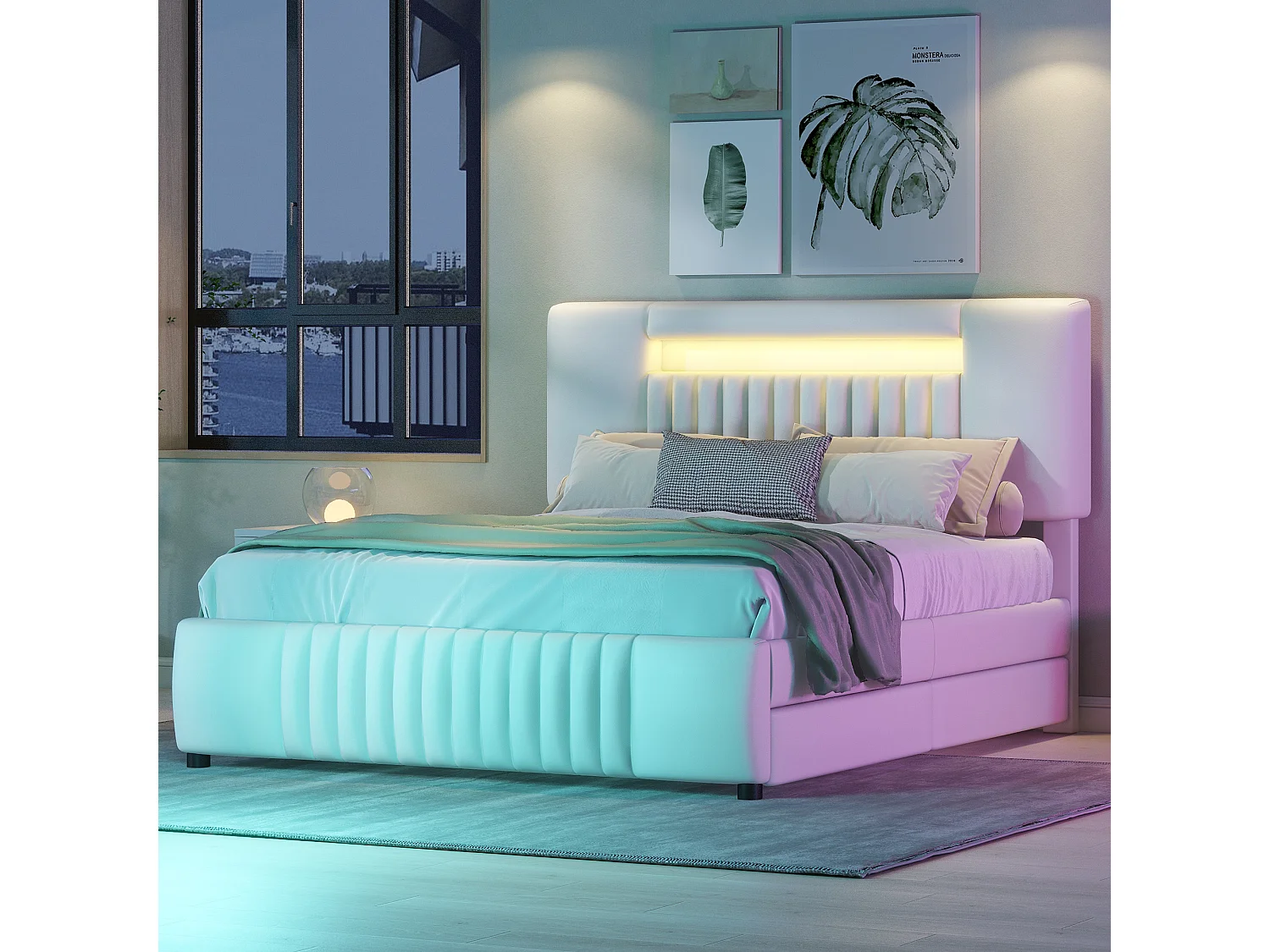 Tweepersoonsbed 140 x 200 cm, PU-leer gevoerd bed met vier laden, LED-strip, beige