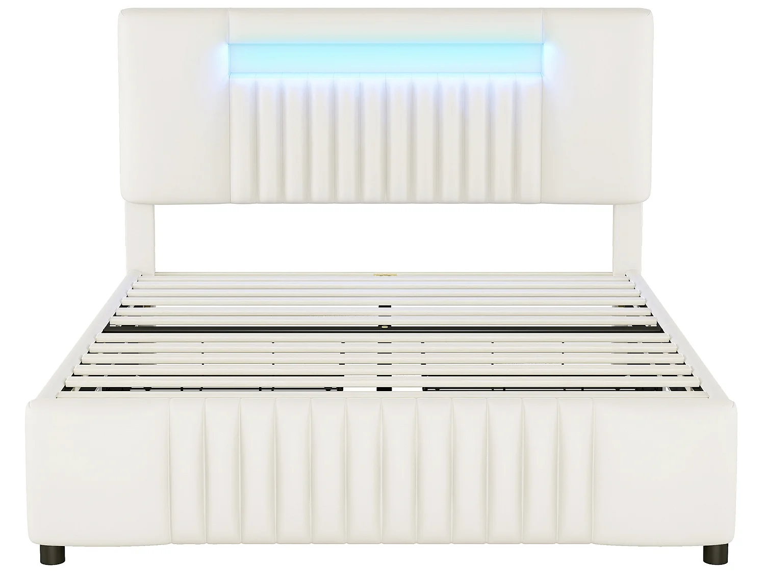 Tweepersoonsbed 140 x 200 cm, PU-leer gevoerd bed met vier laden, LED-strip, beige