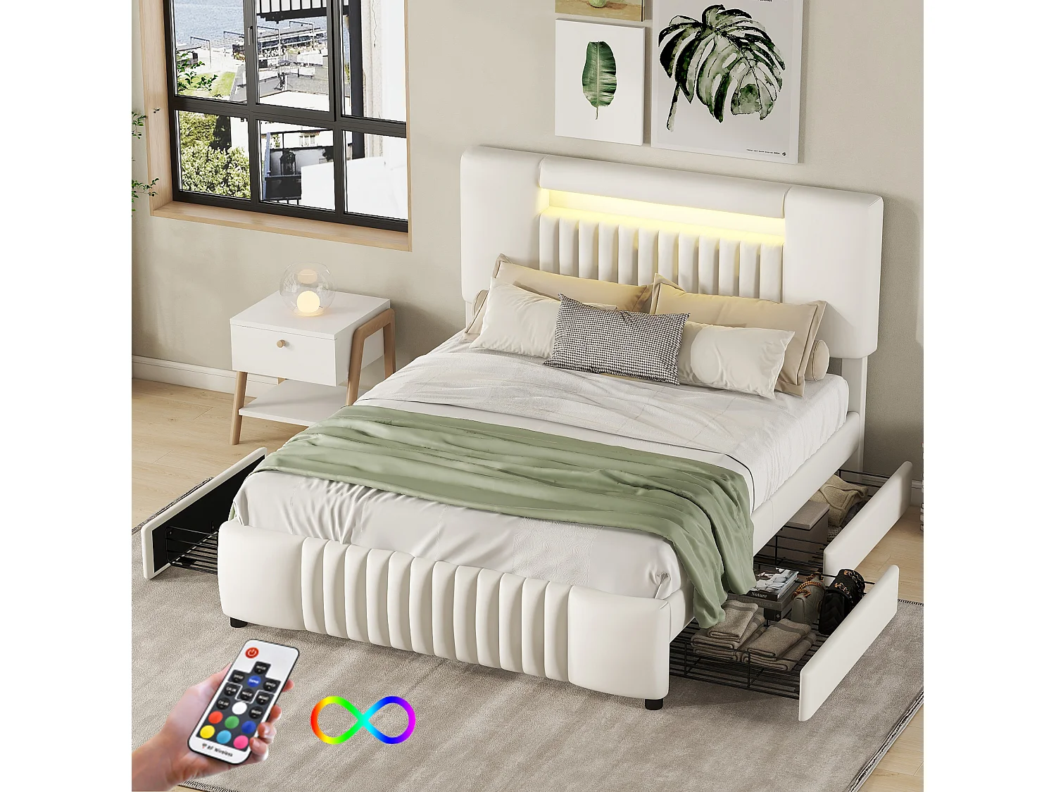 Tweepersoonsbed 140 x 200 cm, PU-leer gevoerd bed met vier laden, LED-strip, beige