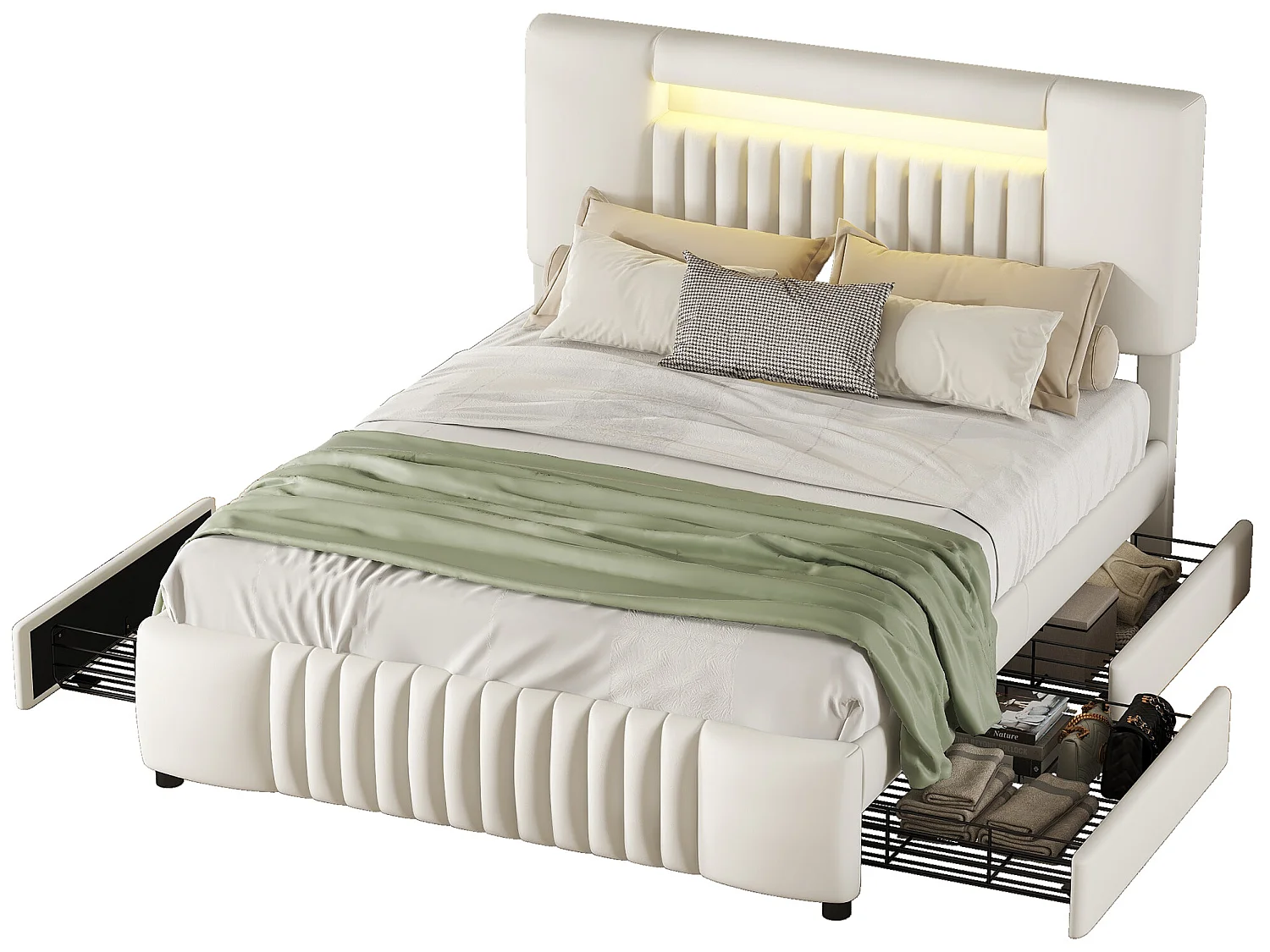 Tweepersoonsbed 140 x 200 cm, PU-leer gevoerd bed met vier laden, LED-strip, beige