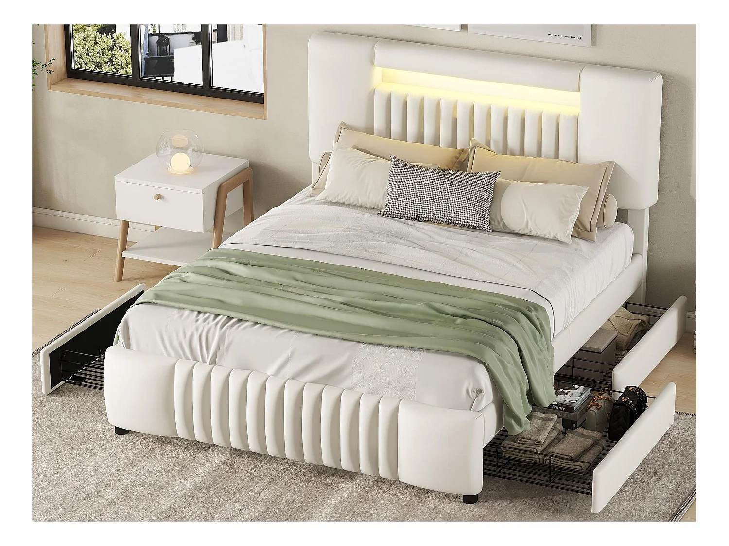 Lit double 140 x 200 cm, lit capitonné en cuir PU avec quatre tiroirs, bande LED, beige