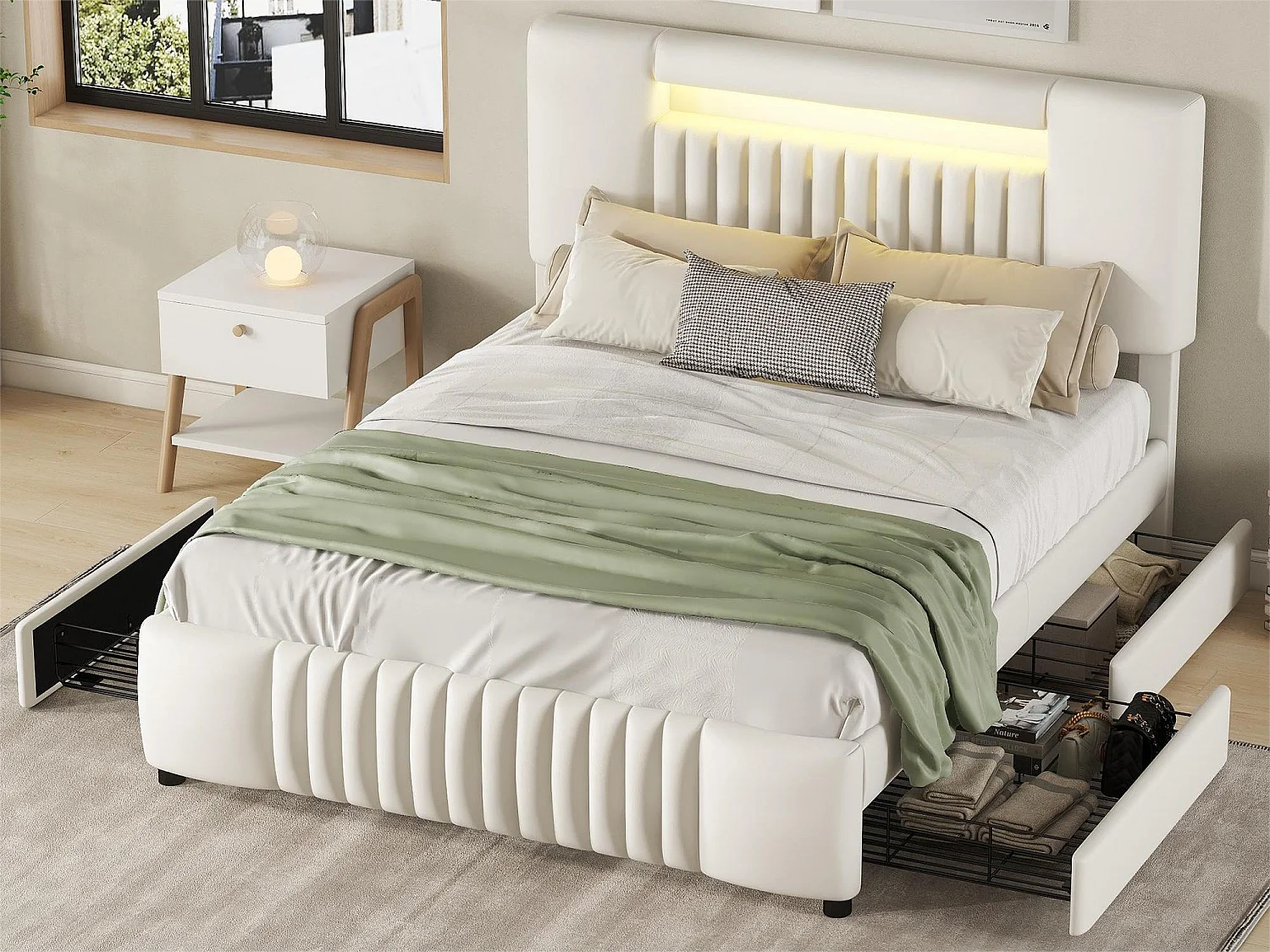 Tweepersoonsbed 140 x 200 cm, PU-leer gevoerd bed met vier laden, LED-strip, beige