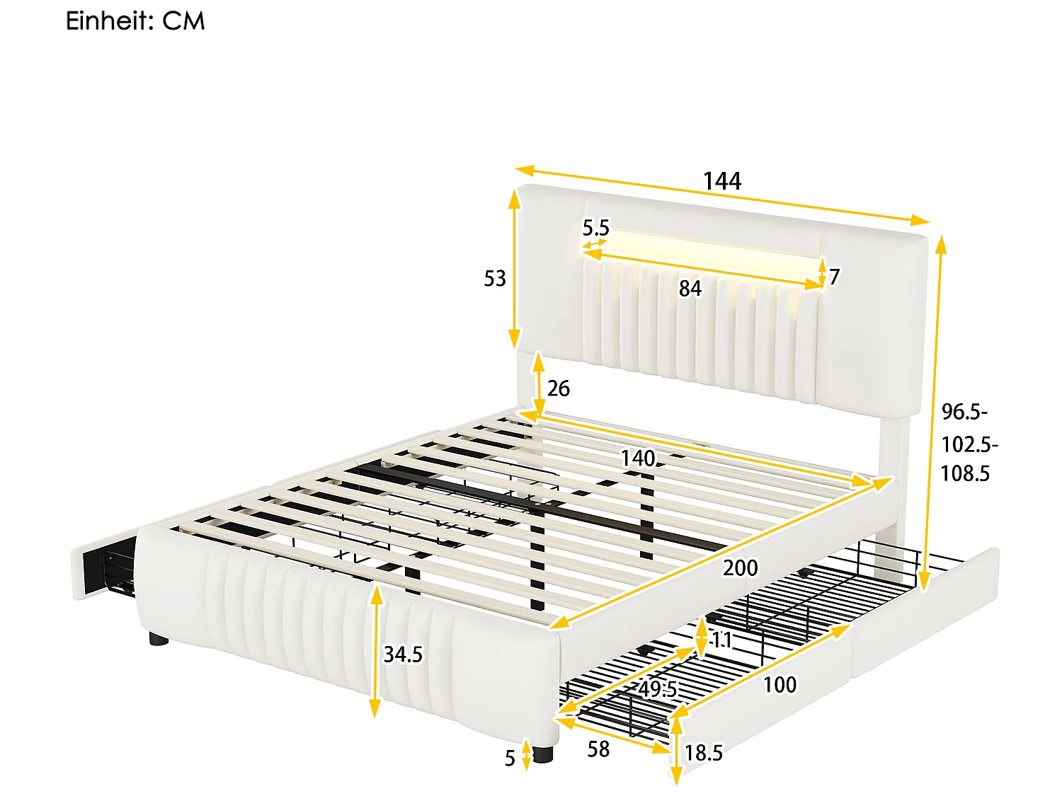 Tweepersoonsbed 140 x 200 cm, PU-leer gevoerd bed met vier laden, LED-strip, beige
