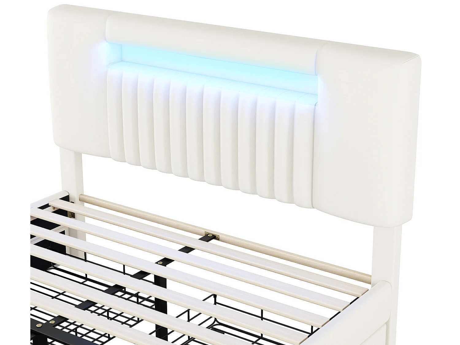 Tweepersoonsbed 140 x 200 cm, PU-leer gevoerd bed met vier laden, LED-strip, beige