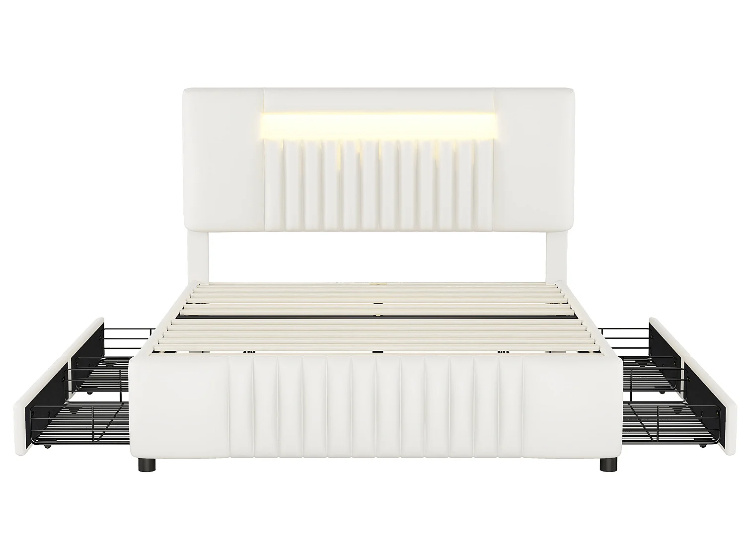 Tweepersoonsbed 140 x 200 cm, PU-leer gevoerd bed met vier laden, LED-strip, beige