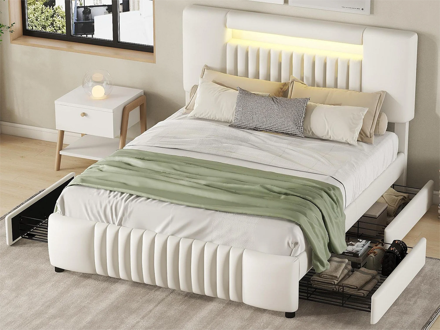 Tweepersoonsbed 140 x 200 cm, PU-leer gevoerd bed met vier laden, LED-strip, beige