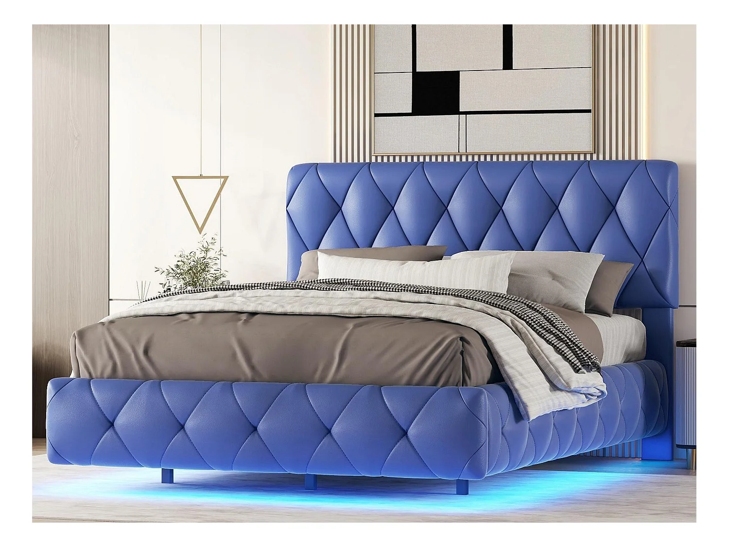 Lit double 140 x 200 cm, lit capitonné, lit flottant - cuir pu + MDF - LEDs - bleu