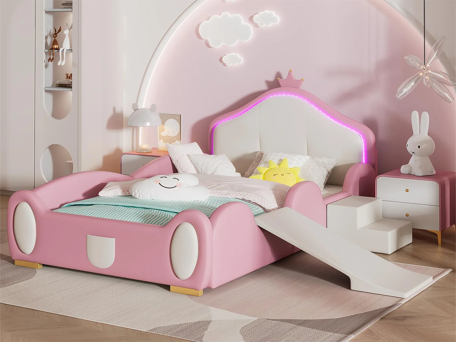 Lit enfant 90 x 200 cm avec toboggan et escalier, rembourré en cuir pu, LEDs, rose + beige