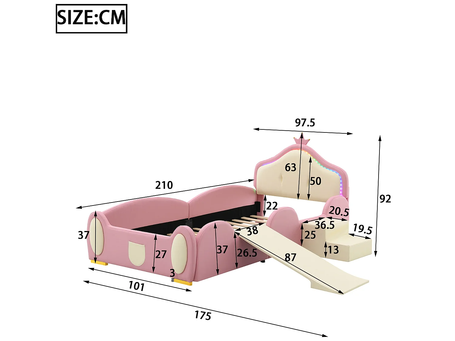 Lit enfant 90 x 200 cm avec toboggan et escalier, rembourré en cuir pu, LEDs, rose + beige